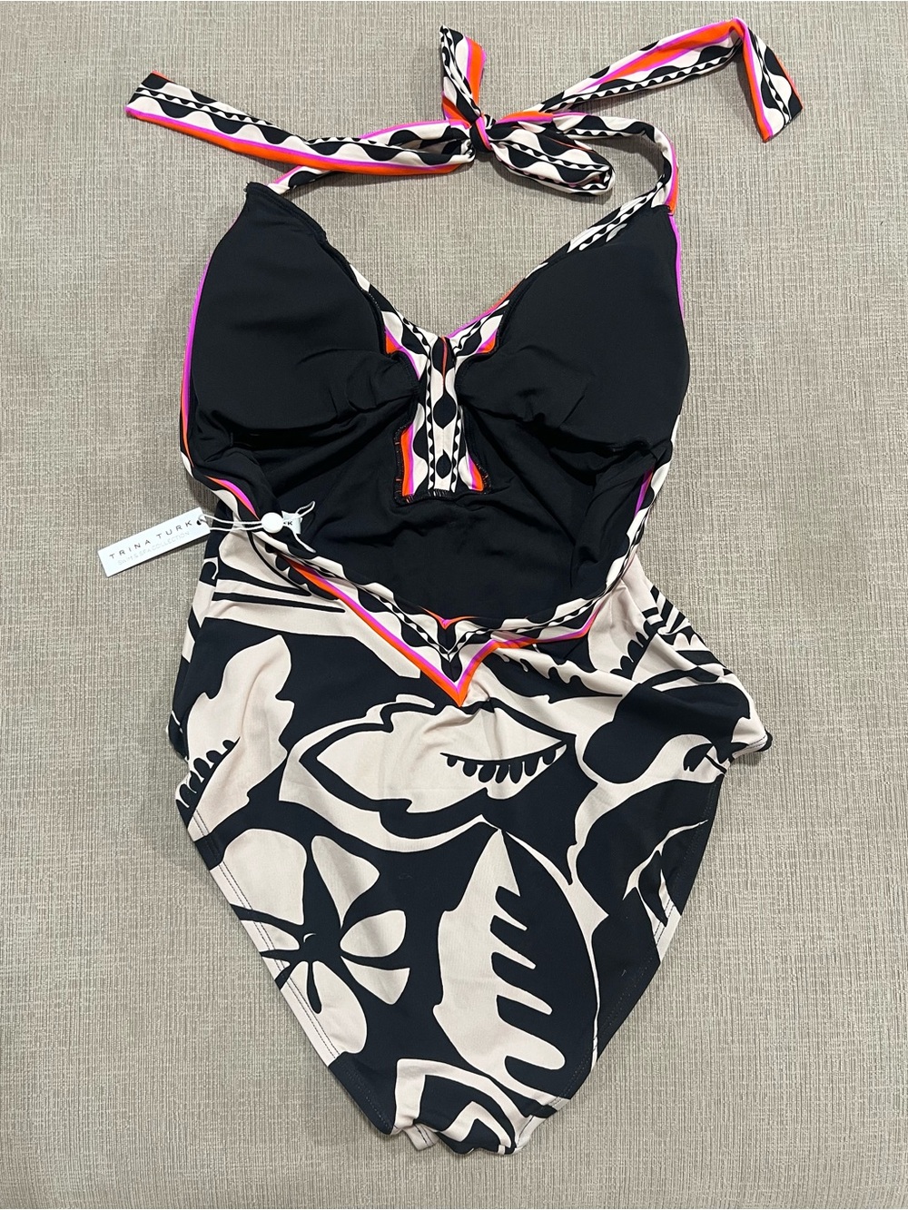 Black & Cream Floral One-Piece Swimsuit with Pink and Orange Trim - Picture 4 of 7